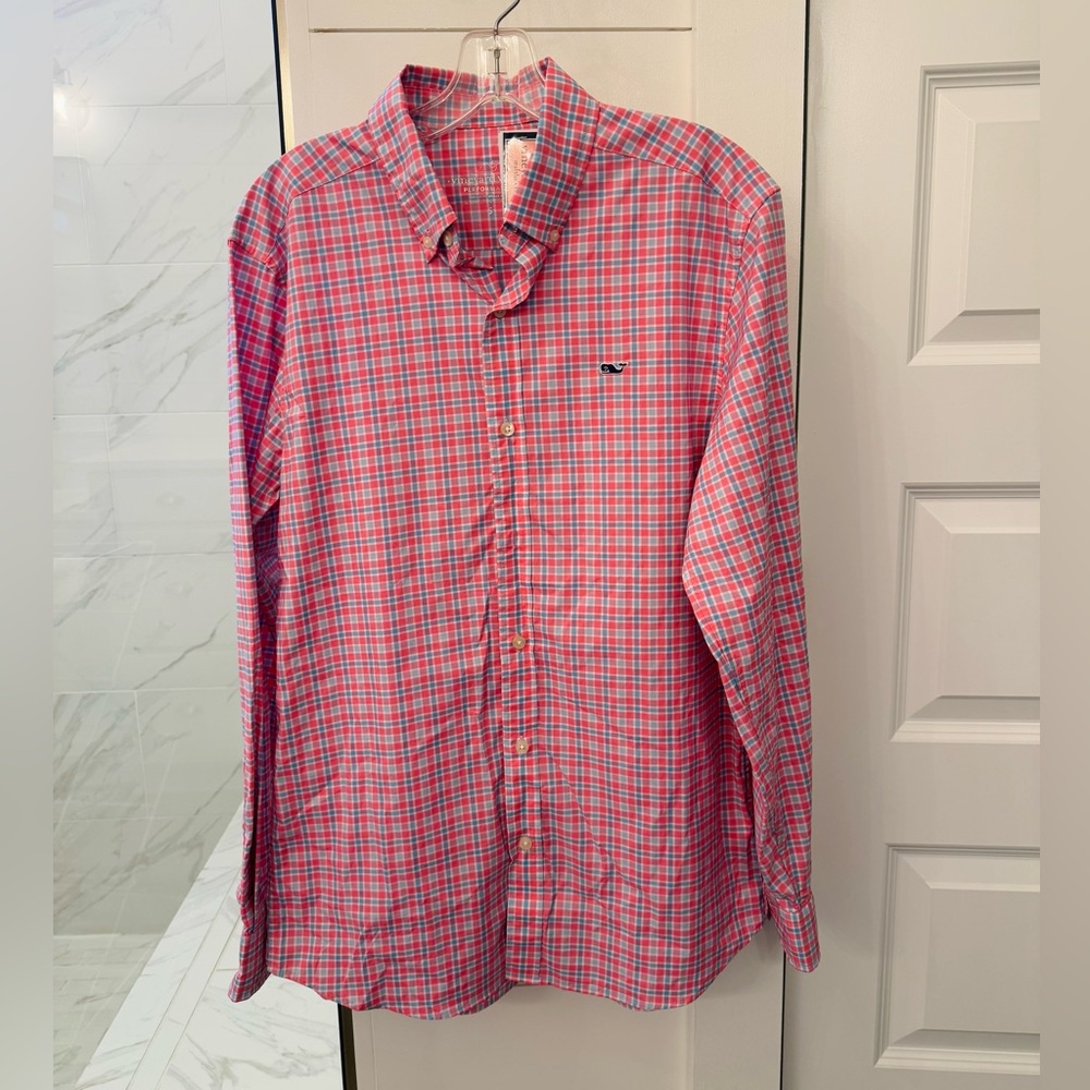 NWT VINEYARD VINES Men's Pink Blue Checkered Performance Shirt, size S